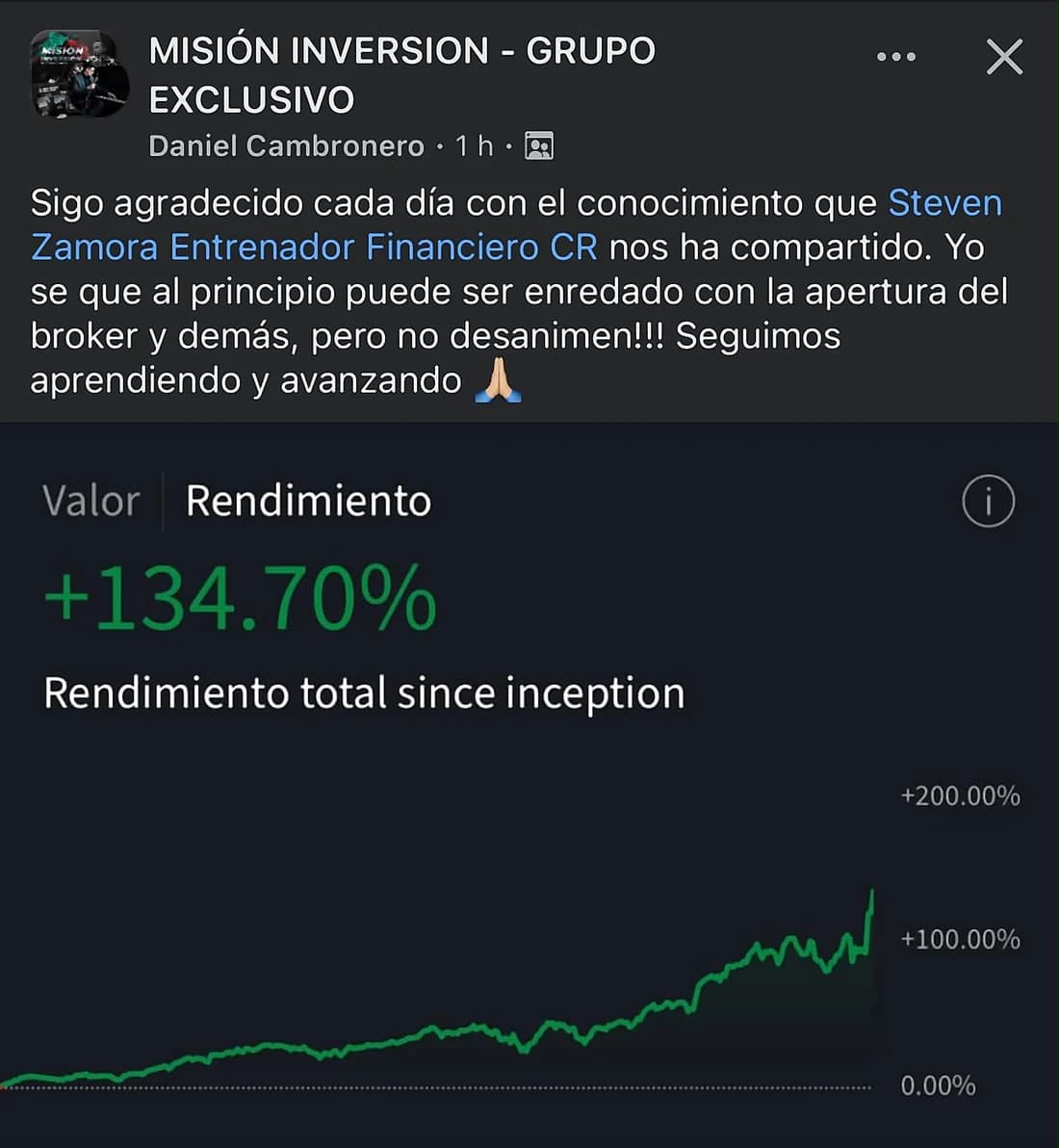 Publicación de Daniel Cambronero en el grupo de Misión Inversión: dice que al principio la apertura del broker puede ser enredada pero que no se desanimen, con la gráfica de rendimiento de su cuenta