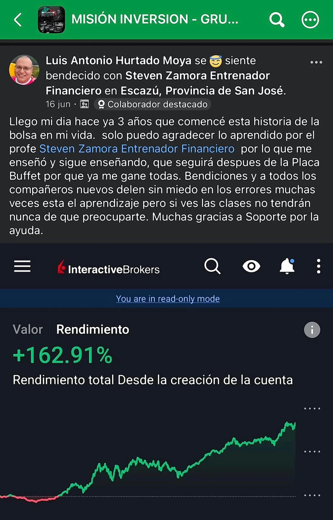Publicación de Luis Antonio Hurtado en el grupo de Misión Inversión: agradece a Steven tras 3 años invirtiendo en la bolsa, con la gráfica de rendimiento de su cuenta en Interactive Brokers